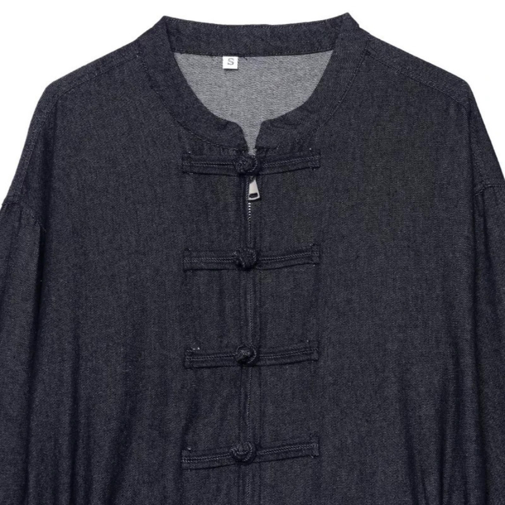 ZARA Feng Solid Round Neck Denim Shirt with Rope Knot Detail